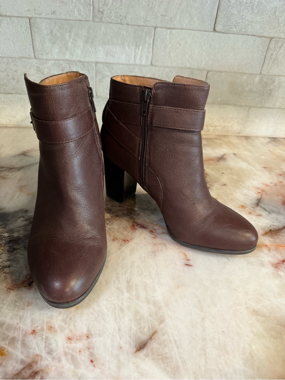 Vionic Dark Brown Leather Ankle Booties with Block Heel